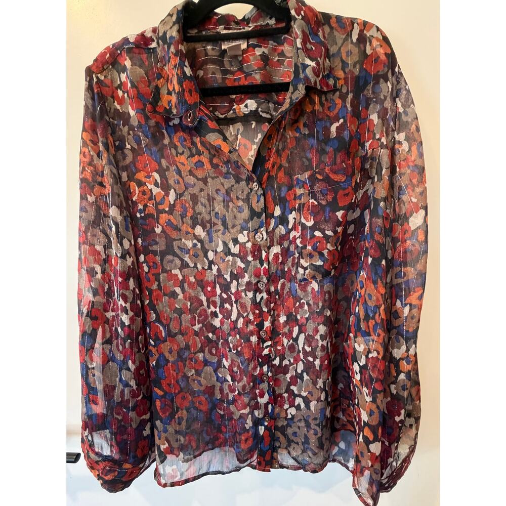 Chicho's Multicolor Animal Print Blouse Shear Button Down Lightweight size 3
